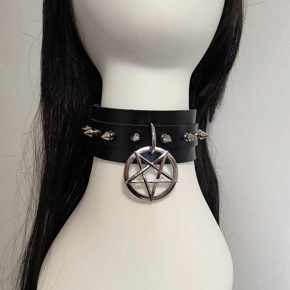 Black leather choker fashion collar with pentagram and spikes